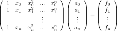 $$\left( \begin{array}{ccccc}
1 & x_0 & x_0^2 & ... & x_0^n \\
1 & x_1 & x_1^2 & ... & x_1^n \\
&&&\vdots& \\
1 & x_n & x_n^2 & ... & x_n^n \\\end{array}\right )
\left(\begin{array}{c}  a_0 \\ a_1 \\ \vdots \\ a_n \end{array} \right )
=\left(\begin{array}{c}  f_0 \\ f_1 \\ \vdots \\ f_n \end{array} \right
)$$