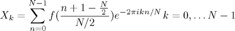 $$X_{k} = \sum_{n=0}^{N-1} f(\frac{n+1-\frac{N}{2}}{N/2}) e^{-2 \pi i k n/N}\, k = 0, \ldots N-1$$