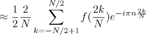 $$ \approx \frac{1}{2} \frac{2}{N} \sum_{k = -N/2+1}^{N/2}
f(\frac{2k}{N}) e^{- i \pi n \frac{2 k}{N}}$$