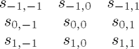 $$\begin{array}{ccc} s_{{-1},{-1}} & s_{{-1},{0}} & s_{{-1},{1}} \\ s_{{0},{-1}} & s_{{0},{0}} & s_{{0},{1}}\\ s_{{1},{-1}} & s_{{1},{0}} & s_{{1},{1}} \\ \end{array} $$